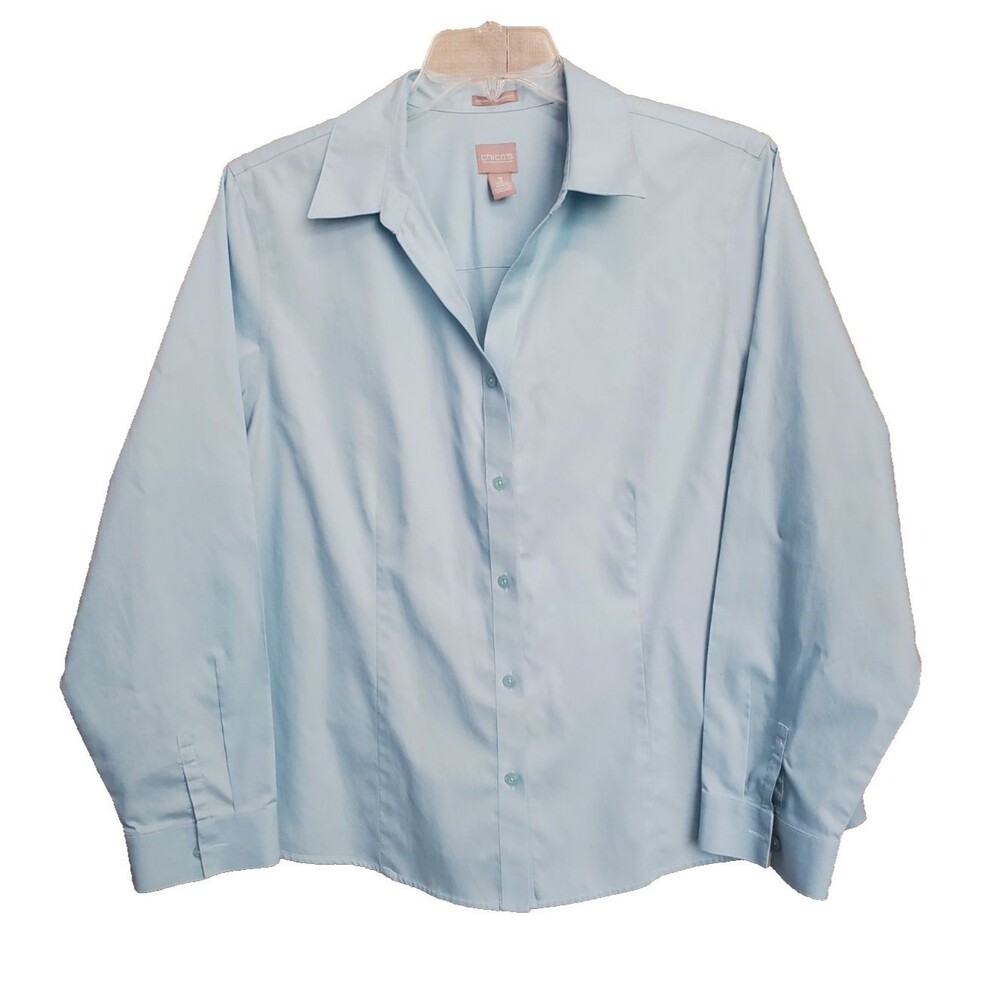 Chico's Light Blue Wrinkle Resistant Cotton Long Sleeve Button-Up Top Sz 3 (XL)